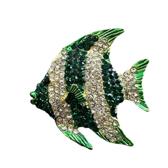 Green and White Rhinestone Angelfish Brooch Pin - Picture 1 of 7